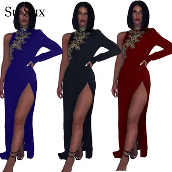 

African Clothes Single Sleeve Bodycon Long Dress African Dresses For Women Solid Stand Collar Fork Open Dress Robe Partyclub