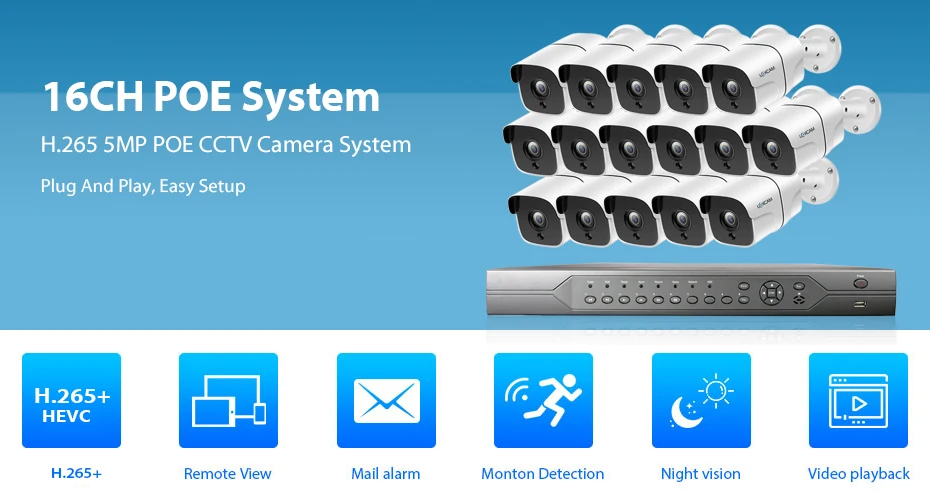 LOXCAM H.265+ 16CH 4K 5MP CCTV System NVR Kit 5MP Super Outdoor Two way Audio Security IP Camera set