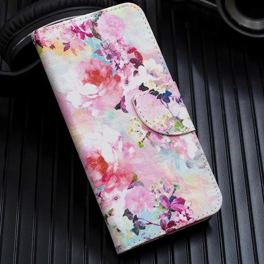 

Pink Flower Flip Case For iPhone 11 5.8'' 2019 XI XIR MAX 6.1'' 6.5 inch Luxury Printed PU Leather Book Wallet Cover + Soft TPU