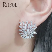 RAKOL Новая мода Топ AAA кубический циркон в форме цветка прекрасный белый цвет свадебные серьги гвоздики для женщин ювелирные изделия RE523371