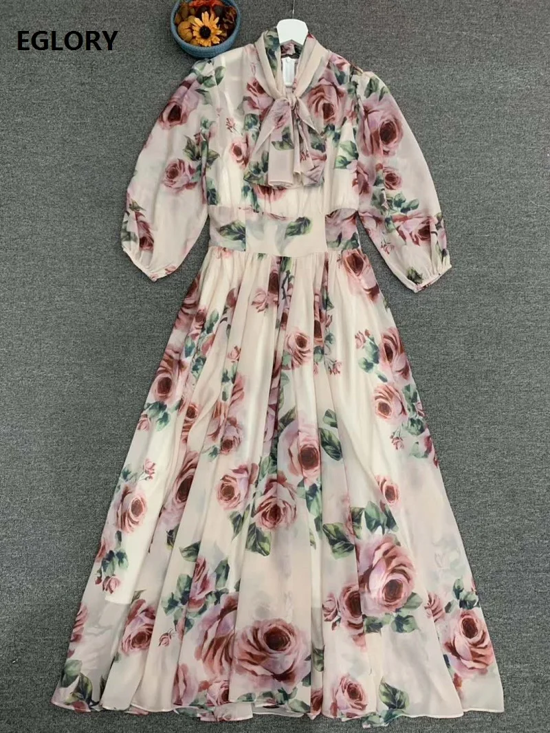 

High Quality New Runway Style Dress 2020 Autumn Party Ladies Bow Collar Romantic Rose Flower Print Half Sleeve Large Swing Dress