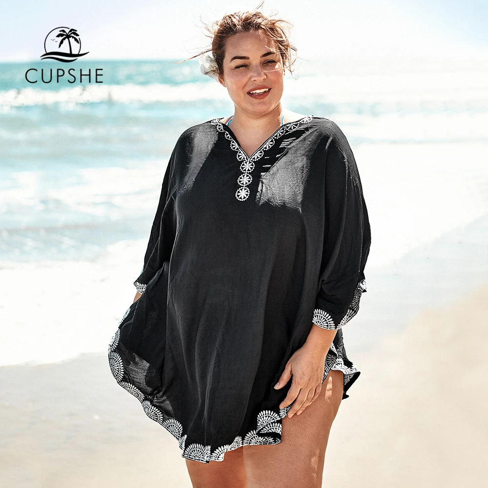 

CUPSHE Plus Size Embroidered Black Bikini Cover Up Women Sexy V-neck Large Size Loose Beach Dress Tunic 2019 Summer Beachwear