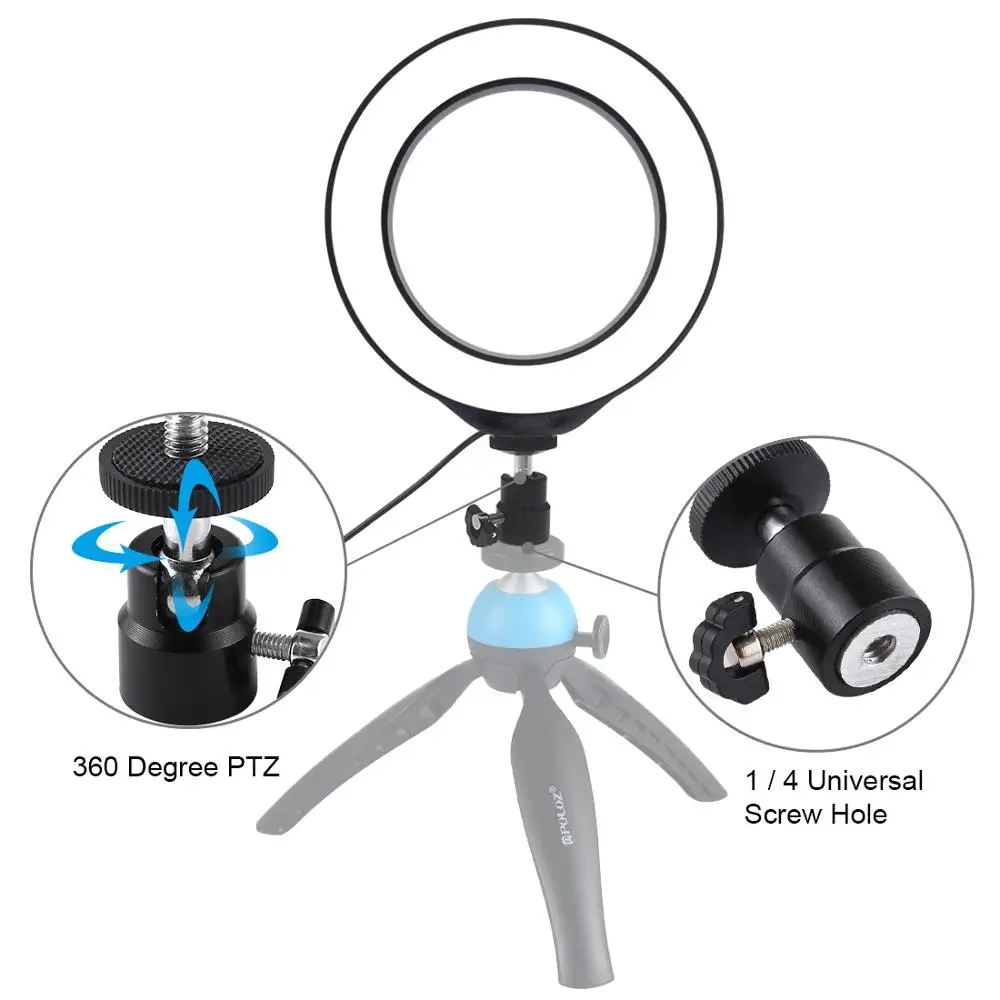 PULUZ 6.2 inch USB 3 Modes Dimmable LED Ring On-Camera Video Lights with Cold Shoe Tripod Ball Head