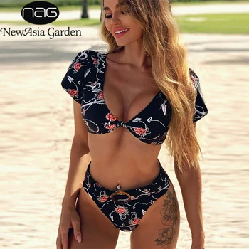 

NewAsia Push Up 2020 Bikini Set Short Sleeve Swimwear Women High Waist Biquini Beach Swimsuit Bikinis Female Print Bathing Suit