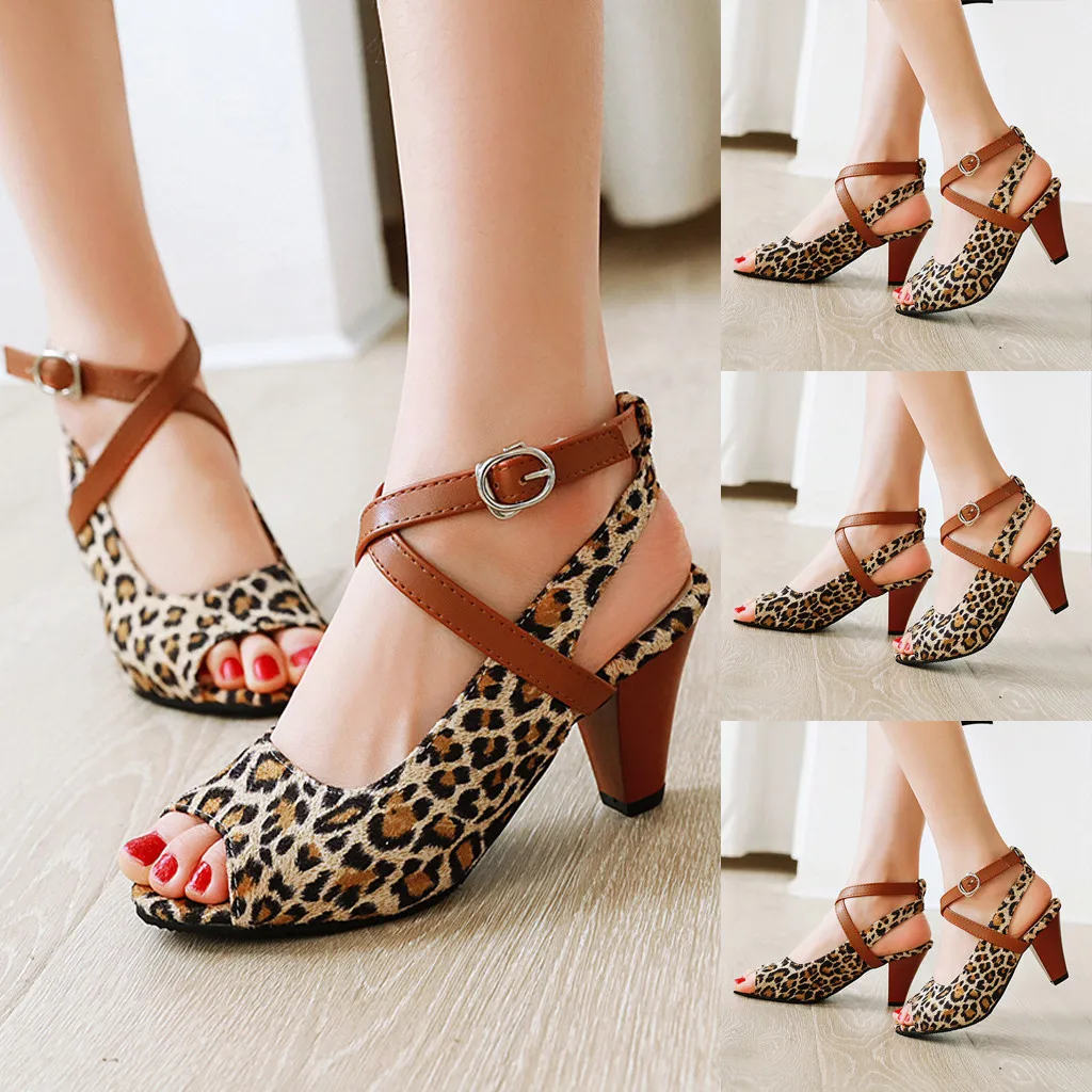 

Fashsiualy Open Toe Leopard Sandals Sexy Women's Ankle Buckle Strap Sandals Fish Mouth Leopard Shoes High Heeles Slippers Hoof