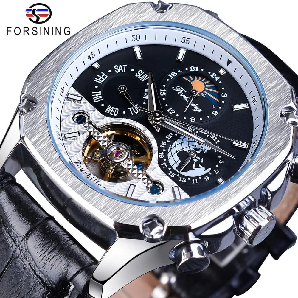 Forsining Automatic Machanical Watch Top Brand Man Clock Black Leather Strap Tourbilion Week Date Display Fashion Wrist Watches