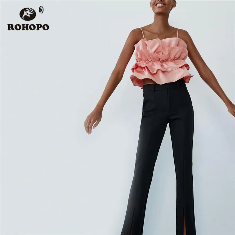 

ROHOPO Spaghetti Strap Ruffled Side Zipper Fly Tube Crop Poplin Pink Top Tees Adjustment Strap Ladies Chic Short tapas #2306