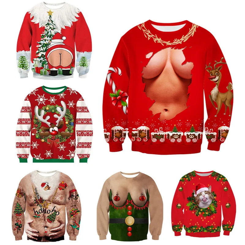 Ugly Christmas Sweater Christmas Novelty Autumn Winter Blouses Clothing Santa Claus Printed Loose Sweater Men Women Pullover