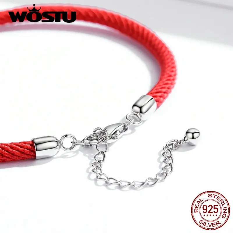 WOSTU настоящий 925 пробы Серебряный Красный веревочный браслет классический счастливый браслет подходит бусины Подвески DIY Изготовление ювелирных изделий CQB166