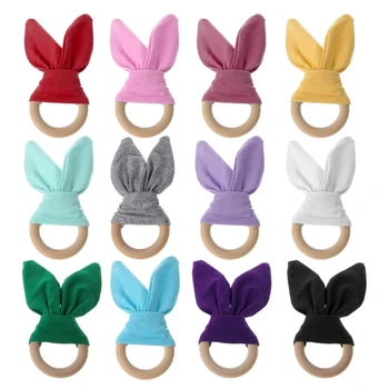 

Bunny Ear Teether Fabric Wooden Teething Ring With Crinkle Material Shower Gift