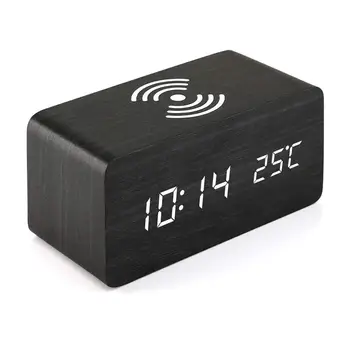 

New Wooden Alarm Clock With Qi Wireless Charging Pad Compatible With For Iphone Samsung Wood Led Digital Clock Sound Control Fun