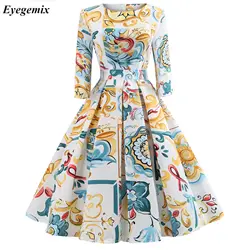 Robe Rockabilly, Ретро стиль, 3/4 рукав, осеннее платье, для женщин, цветочный принт, сексуальные платья для вечеринок, элегантное, повседневное