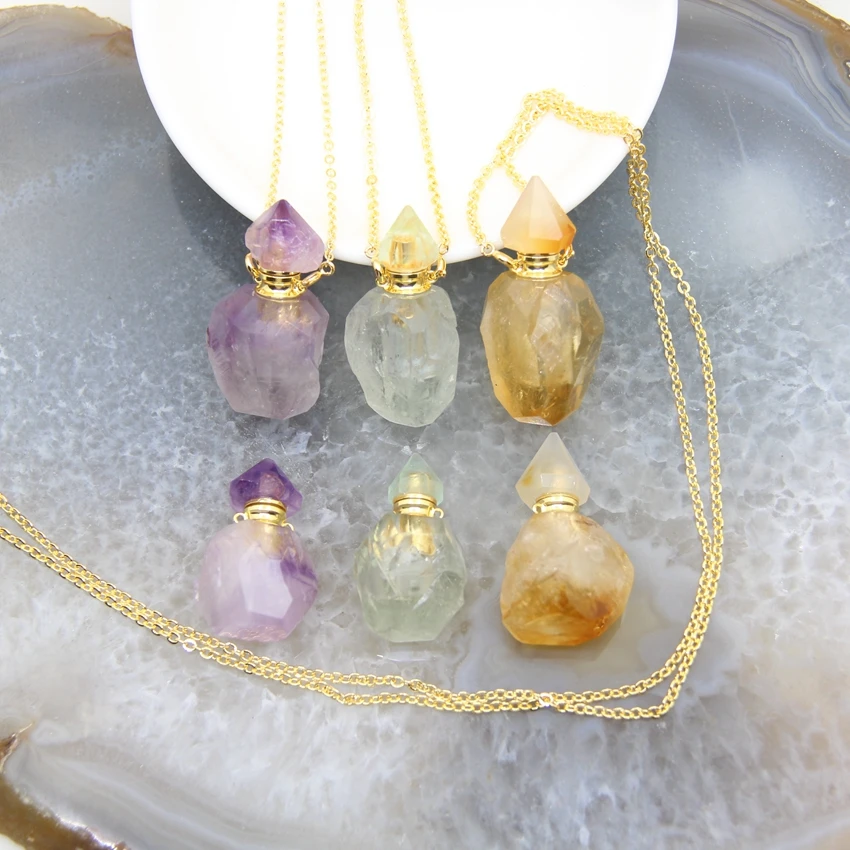 Raw Amethysts/Citrines Perfume Bottle Pendant Necklace,Natural Green Crystal Gems stone Essential Oil Diffuser Vial Charms Chain