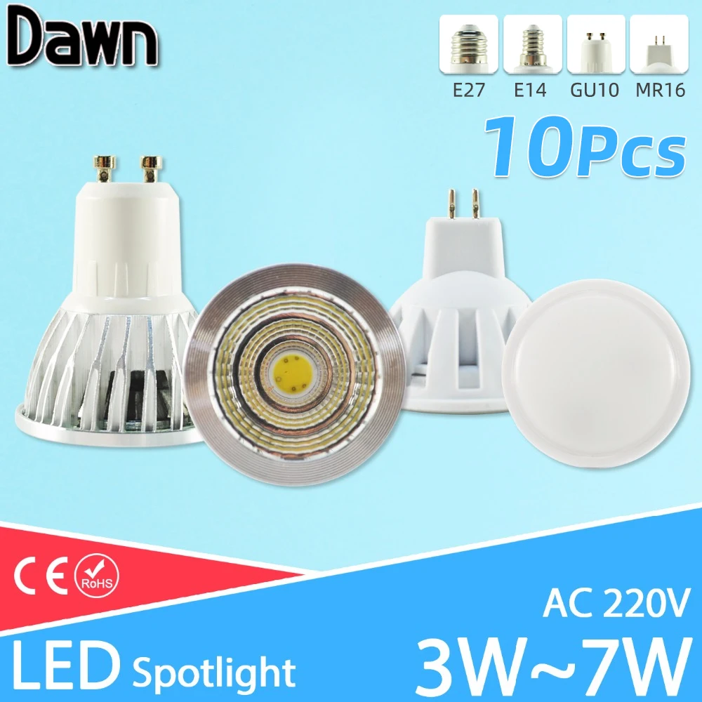 10pcs LED Spot Lamp Bulb GU10 MR16 E27 E14 Spotlight AC 220V 3W 5W 6W 7W Lampada aluminum COB SMD led bulb Energy Saving | Лампы и