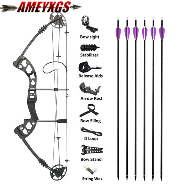  US $178.70 Archery Compound Arrow Sets 55lbs Adjustable Hunting With 6pcs Carbon Arrows Right Hand 