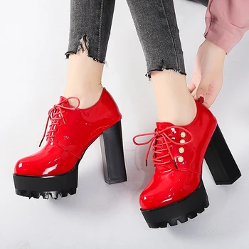 

Crude heel high heels 2018 autumn new European and American style women's leather shoes round head bright leather single shoes