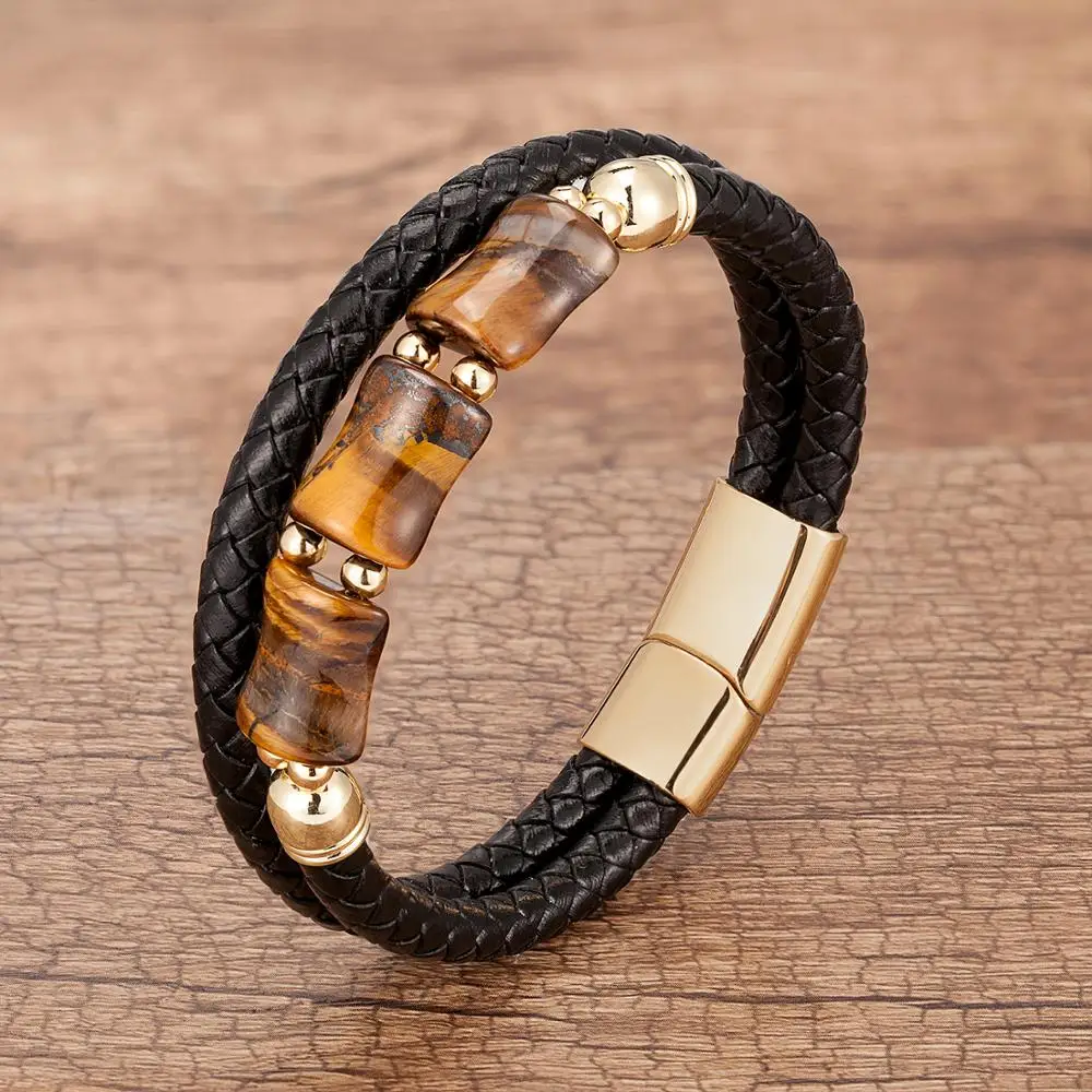 Natural-Stone Bracelet Charm Chakra-Jewelry Tiger Stainless-Steel Wholesale Mens Genuine-Leather