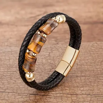 

100%Natural Tiger Eye Stone Chakra Jewelry Charm Stainless Steel Men's Genuine Leather Braclets Natural Stone Bracelet Wholesale