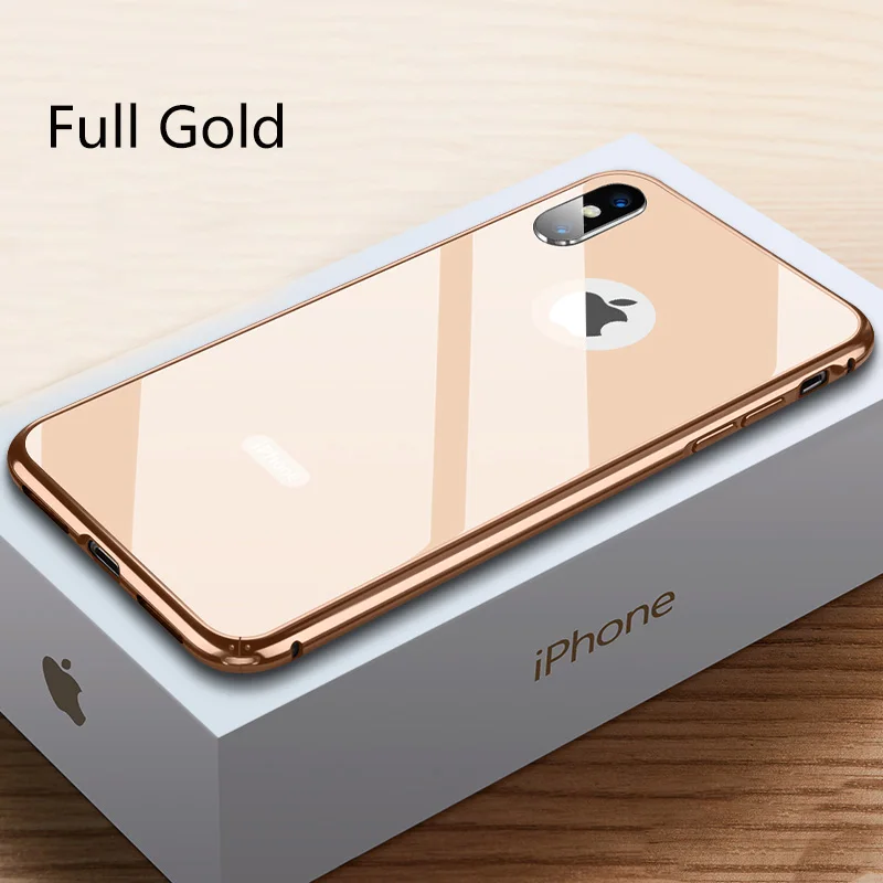 Ультратонкий чехол из закаленного стекла 9H для iPhone 7 8 Plus XS, металлический каркас, антидетонационный чехол для iPhone X XR XS Max 7 8 Plus Coque - Цвет: Full Gold