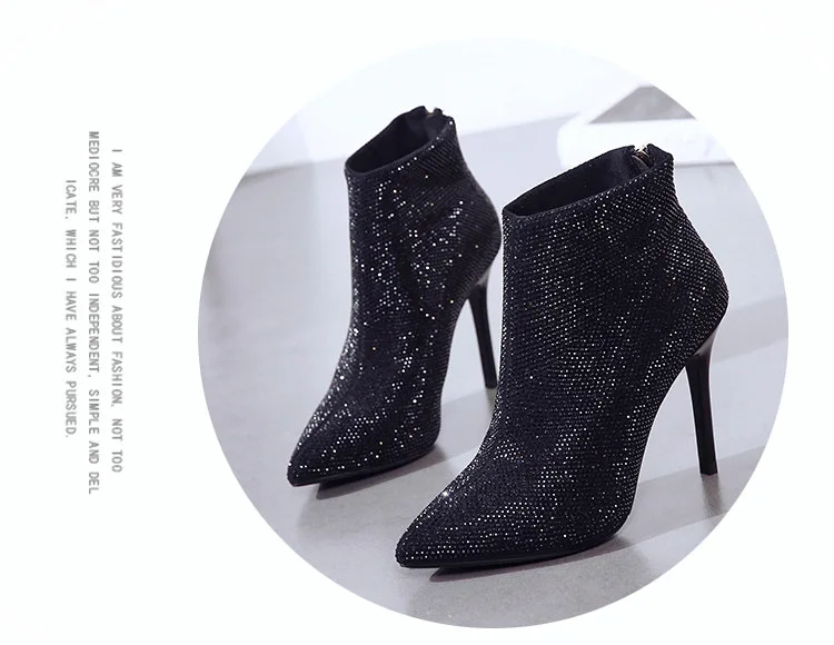 Rhinestone Ankle Boots Women High Heels Booties Pointed Toe Shoes Female Bling Wedding Shoes Ladies Winter