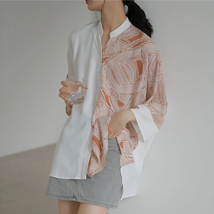 

Women Pattern Printed Big Size Blouse New Stand Collar Three-quarter Sleeve Loose Shirt Fashion Spring Summer 2020