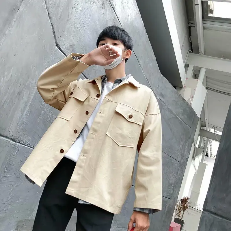 Coat Men's Spring And Autumn Korean-style Trend Loose-Fit Handsome MEN'S Coat Casual Autumn Cowboy Workwear Solid Color Jacket F