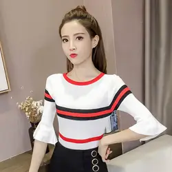 Осень 2018, корейский стиль, рукав-колокол, пуловер, женская трикотажная одежда, облегающая Базовая рубашка, свитер