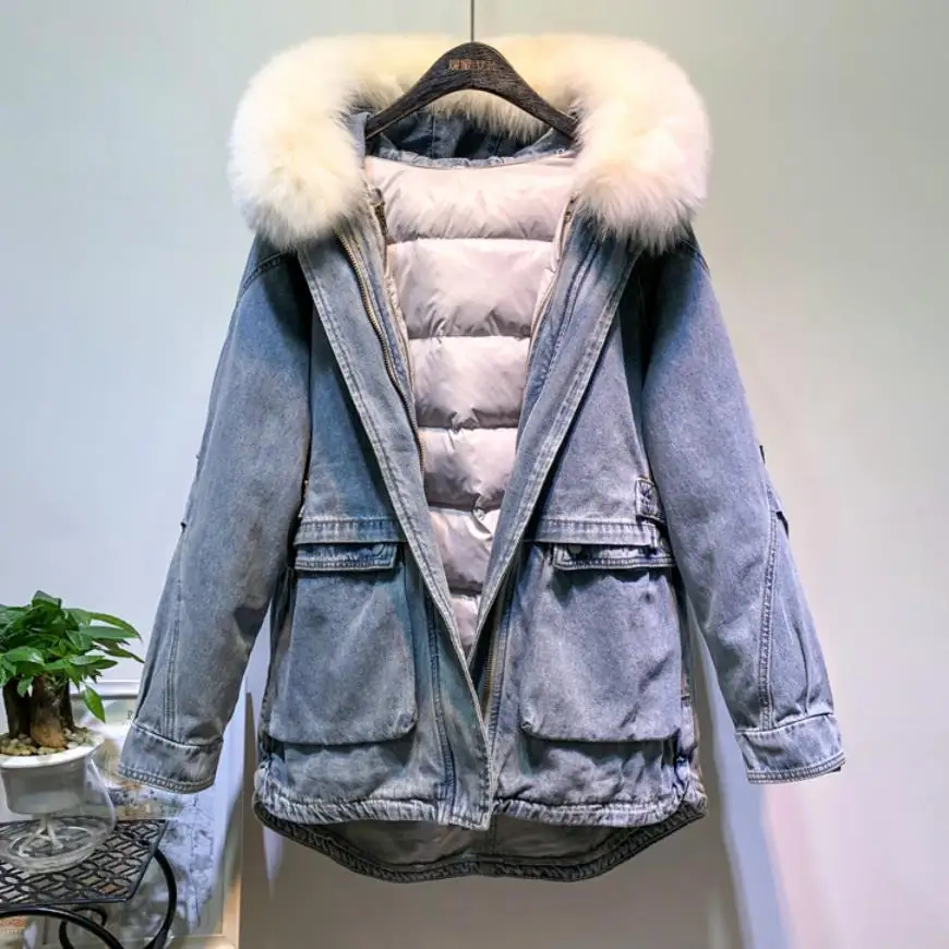blue white fur Зимние толстые теплые парки с подкладкой из 90% натурального меха, женские оригинальные Пуховики с воротником из натурального Лисьего меха и капюшоном F794 - Цвет: blue white fur