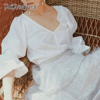 

TWOTWINSTYLE Casual Loose Women Shirt V Neck Flare Long Sleeve Elegant Blouse For Female Clothing 2020 Spring Fashion Tide