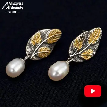 

S925 Fine Antique Earrings 925 Sterling Silver pink fresh water pearl leaf Handmade Vintage Nature Retro mixed color