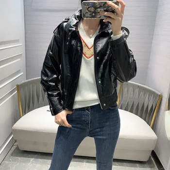 

2019 Autumn and Winter New Fashionable Cool Wild Lapel Buckle Short 100% Real Leather Black Women Jacket