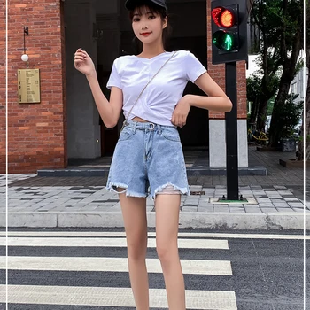 

Summer 2020 High Waist Hole Tassel Denim Shorts For Women Street Wear Blue Jean Shorts With Belt Wide Leg Loose Short Shorts
