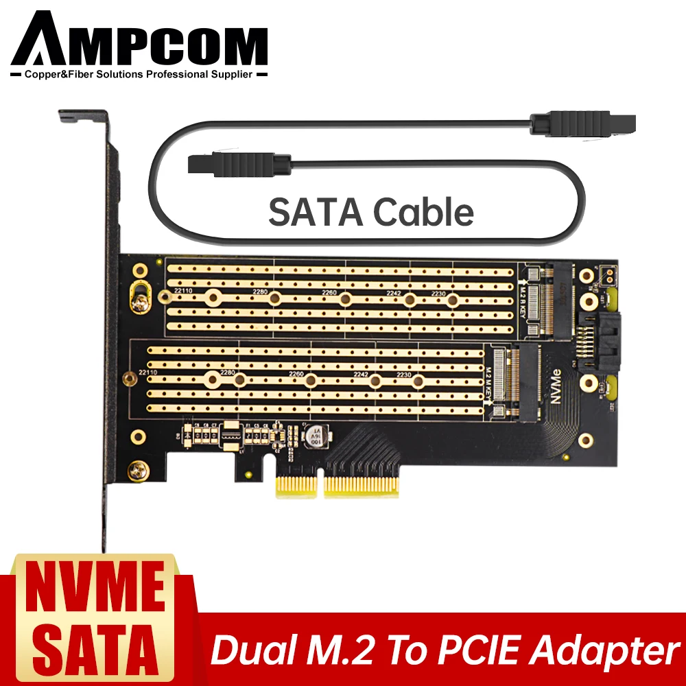 AMPCOM Dual M.2 PCIE 4 0 адаптер для NVMe / SATA SSD NVME (m Key) и (b PCIe x4 слот с полным/низким профилем |