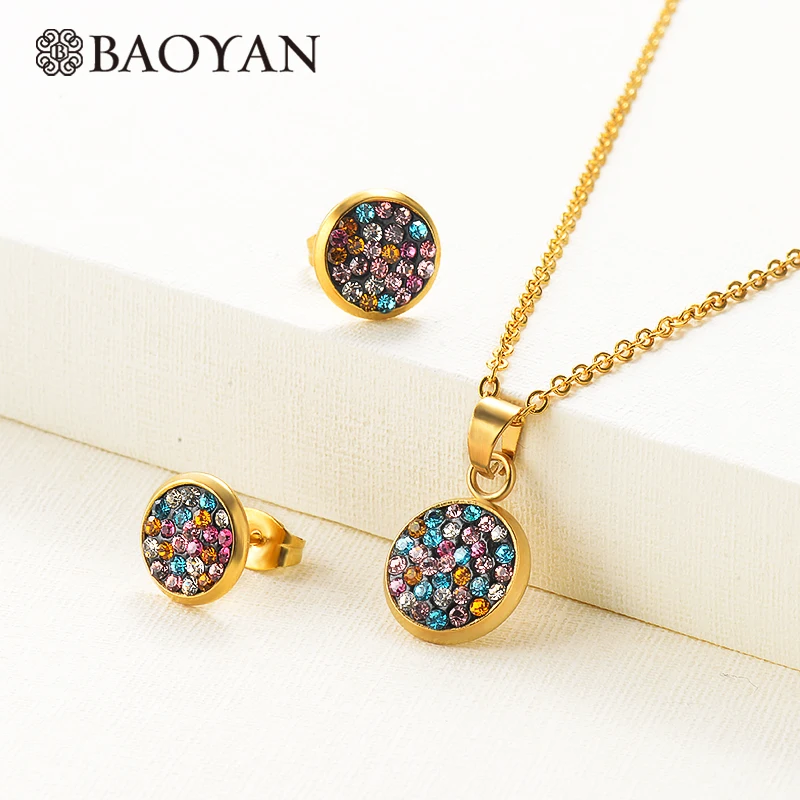 

Baoyan Rainbow Rhinestone Zircon Jewelry Set Round Heart Wedding Jewelry Set Gold Plating Stainless Steel Jewelry Sets For Women