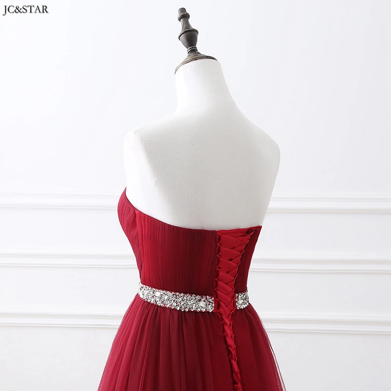 Demoiselle d honneur tulle crystal belt sexy sweetheart A Line burgundy wedding party dress long real photo sukienka dla druhny