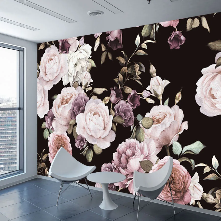 Custom-3D-Photo-Wallpaper-Mural-Hand-Painted-Black-White-Rose-Peony-Flower-Wall-Mural-Living-Room