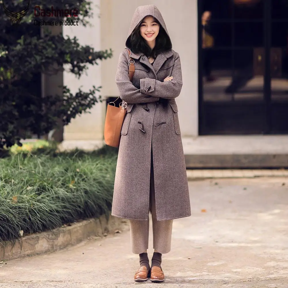 

Women's coat winter double-sided wool coat woolen coat hooded coat horn buckle retro college style long loose herringbone coat