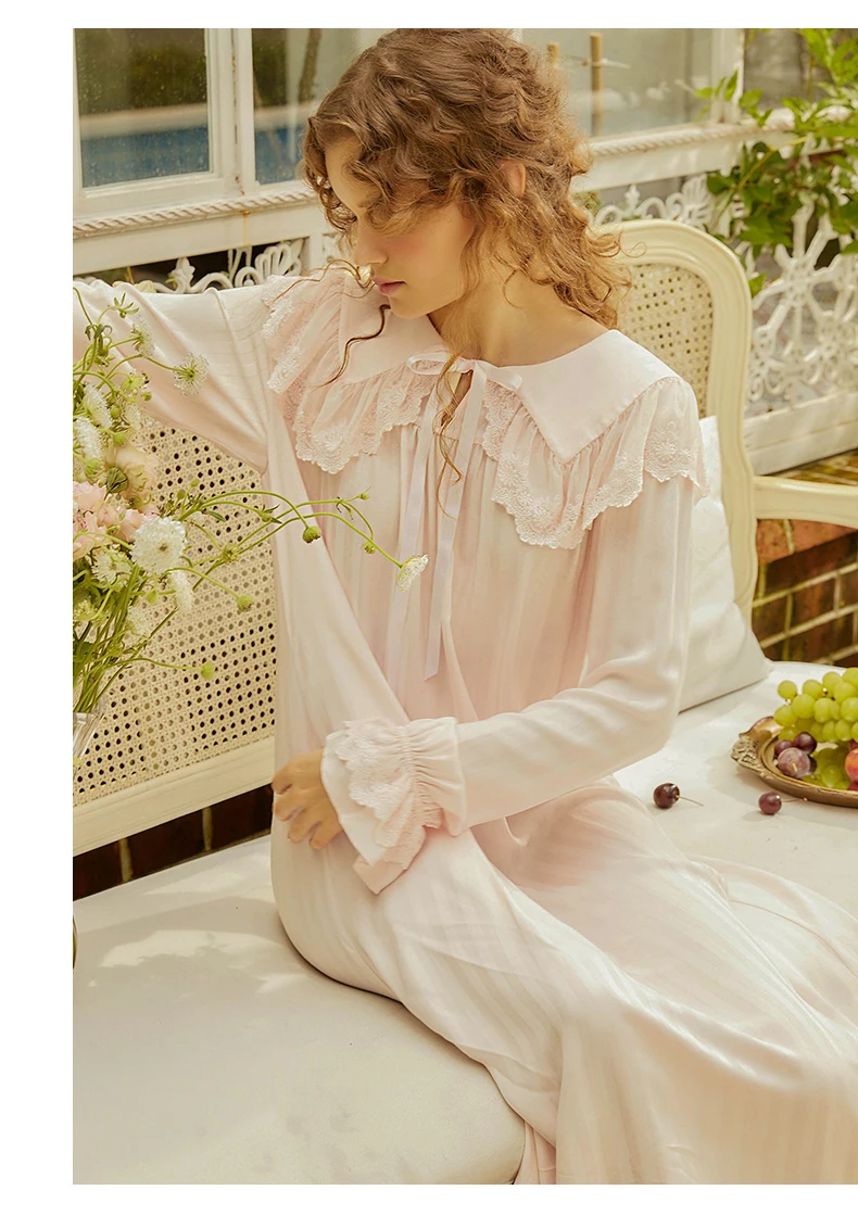 Pink Модная винтажная ночная рубашка, женская ночная рубашка с круглым вырезом, кружевная домашняя пижама, длинное платье T584 - Цвет: Pink