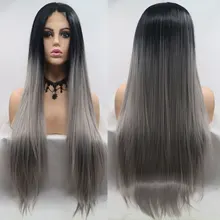 BM темные корни Омбре серый прямые синтетические волосы 1*4 кружевные передние парики Glueleess термостойкие волокна волос для женщин парики на каждый день