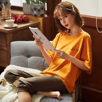 

Pajamas Women's Summer Short Sleeve Pure Cotton Korean-style Loose Cotton-Outer Wear Thin Capri Pants Home Wear Shorts Set