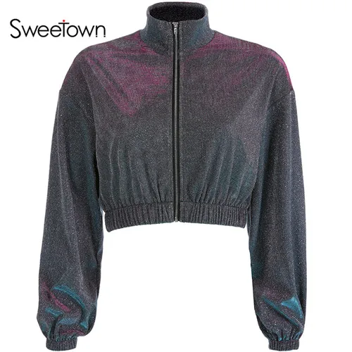 as picture Sweetown, корейский стиль, женский свитер большого размера, блестящий, длинный рукав, водолазка, Осень-зима, укороченный топ, толстовка, уличная одежда - Цвет: as picture