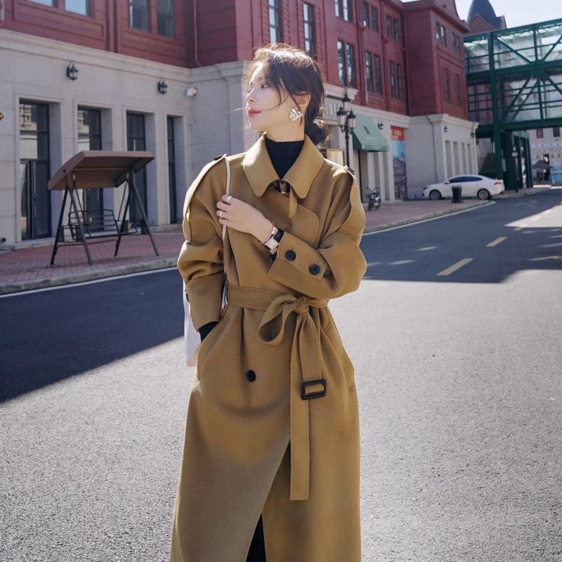 

Winter Camel Woolen Trench Coat Women Vintage Elegant British Style Double Breasted Belted Loose Long Windbreaker Overcoat D71