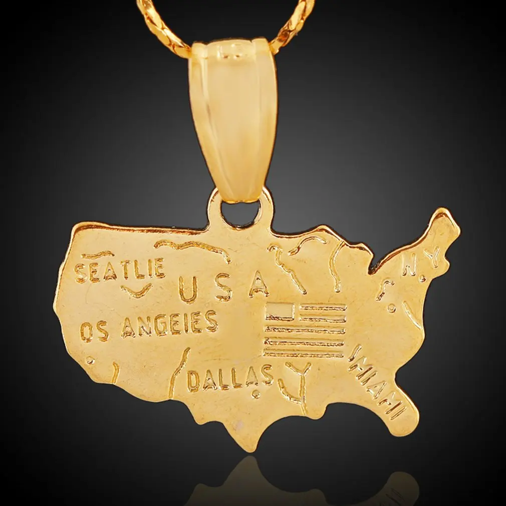 

American Map Pendant Necklace Women Men Silver Color/Gold Color Jewelry Wholesale Hiphop Globetrotter Gold Choker Map Crescent