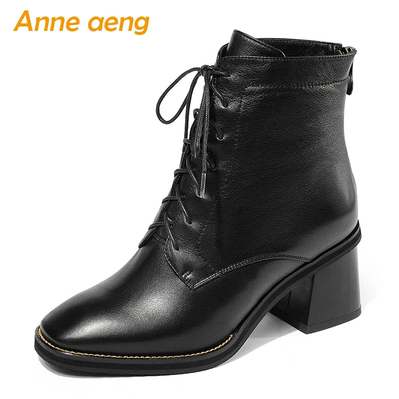

2019 New Winter Genuine Leather Women Ankle Boots High Heel Square Toe Zip Lace-Up Fashion Women Shoes Black Warm Short Boots