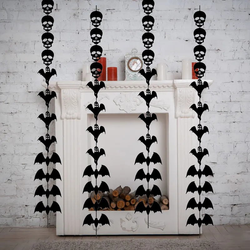 12pcs/set Halloween Decoration Bat Skull Ghost String Black Hanging Ornament Non-woven Scary Horror Halloween Garland Decor