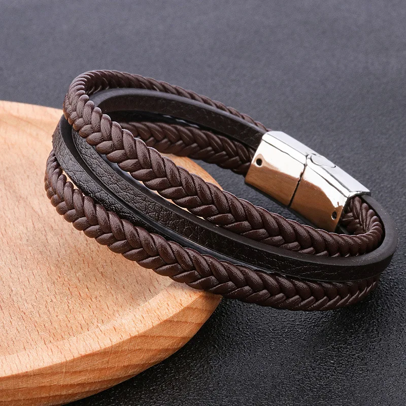 Черный кожаный браслет Homme Pulsera Hombre панковские мужские браслеты с магнитной застежкой многослойная плетеная повязка на руку Мужские аксессуары