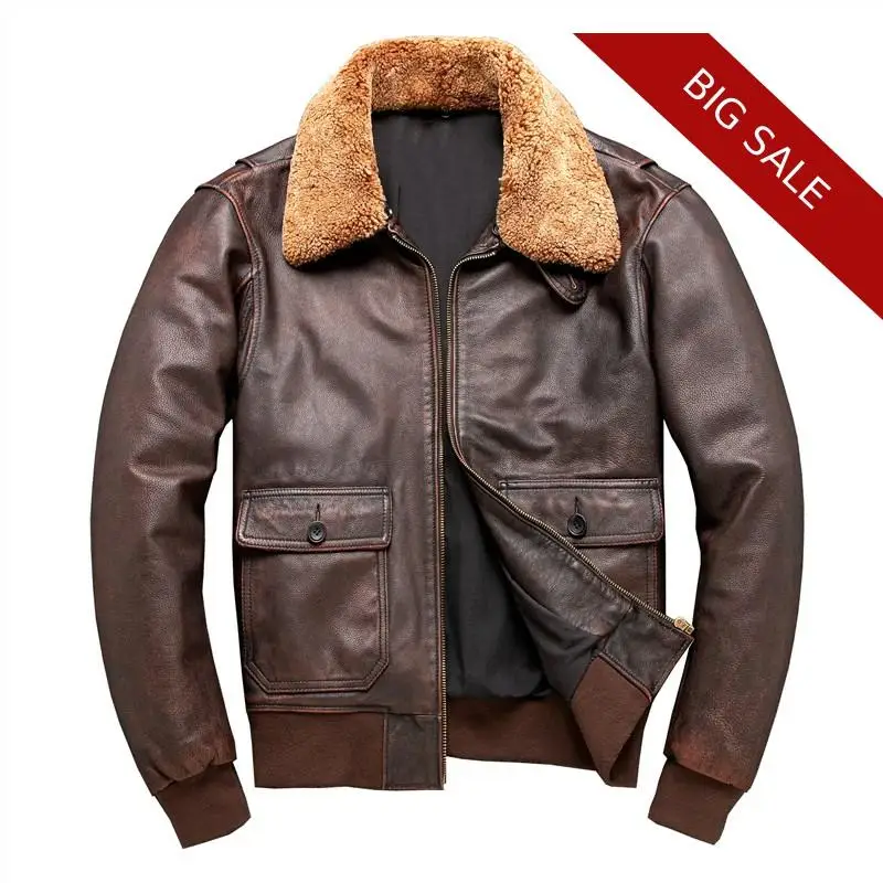 

2020 Brown Men Military Pilot Leather Jacket Wool Collar Large Size XXXXL Genuine Cowhide Russian Autumn Military Aviator Coat