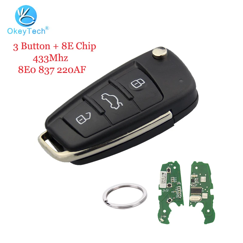 

OkeyTech for Audi Q7 TT Remote Control Flip Folding Car Key 433Mhz 8E Chip 3 Button Uncut HU66 Blade 8E0 837 220AF Send Keyring