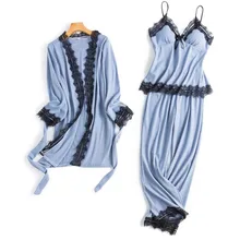 Модный сексуальный кружевной женский халат и платье, комплект с длинным рукавом, женская пижама, хлопок, 3 штуки, домашняя одежда, утолщенная Домашняя одежда, Пижама