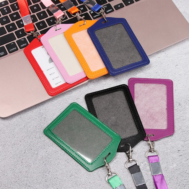 Luxury PU Leather Double Card Sleeve ID Badge Case Clear Bank Credit Card Badge  Holder Coin Purse Zip Card Bag with Neck Lanyard - AliExpress